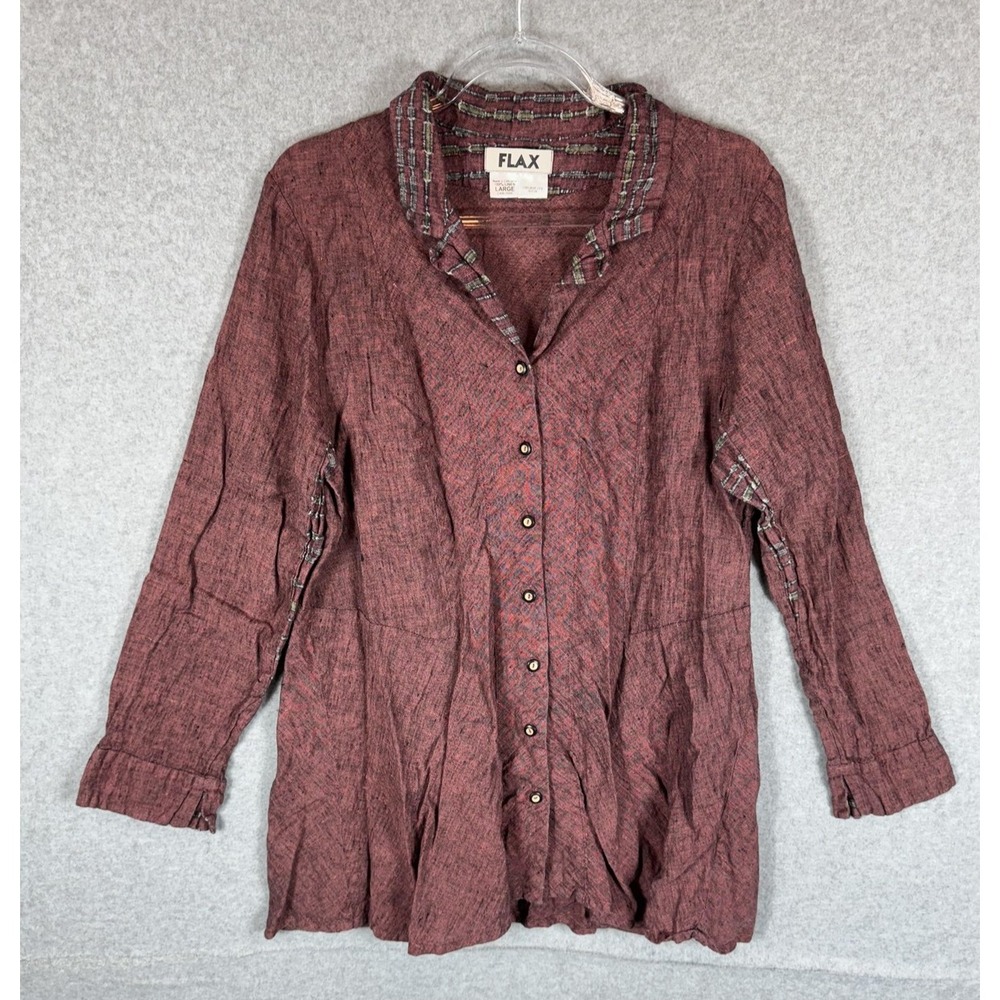 Flax Shirt‎ Womens Large Red Tunic Button Front Linen Long Sleeve Textured Artsy